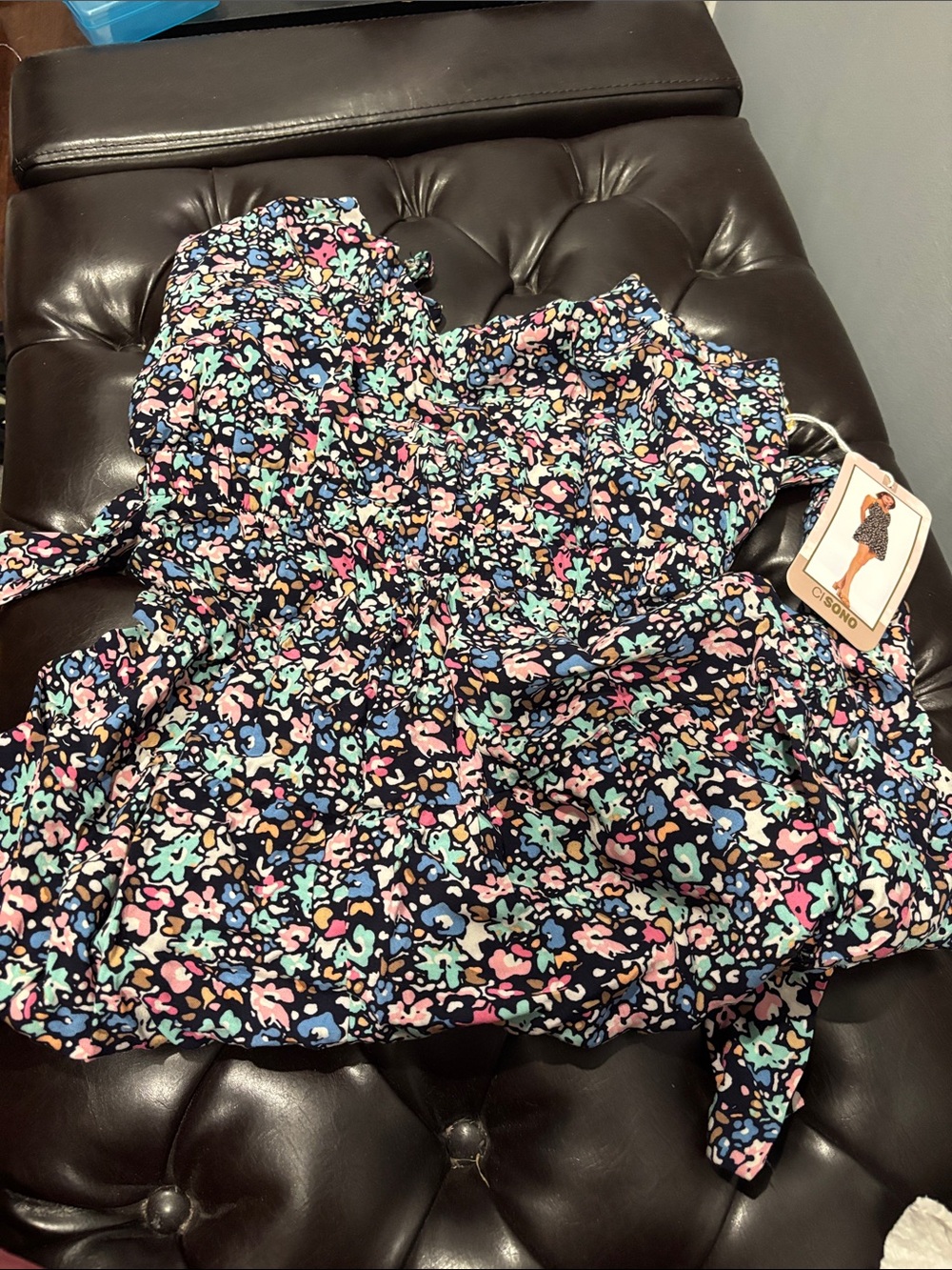 Ciso Navy Floral Print Romper with Smocked Waist